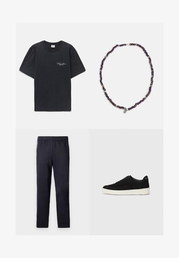 Zwarte korte mouwen crew neck t-shirt met klein wit "Filling Pieces" tekstlogo op de linkerborst.; PS Paul Smith JOGGER ZEBRA - Trainingsbroek - dark blue; Zwarte suède sneakers met vetersluiting en contrasterende witte rubberen zool. Voorzien van textuurpanelen aan de zijkanten en subtiele branding op de hiel.; Multikleurige kralenketting met donkerblauwe, rode en gele kralen, afgewisseld met zilveren accenten en een hangende charme.