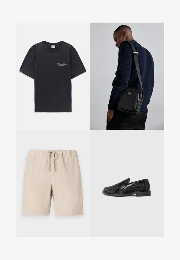 Juodas trumpomis rankovėmis, apvaliu kaklu marškinėliai su mažu baltu "Filling Pieces" tekstiniu logotipu kairiajame krūtinės kampe.; 120% Lino MEN BERMUDA - Šortai - sand; Juodas pintas slip-on tipo batelis su lygiu odiniu akcentu viršuje, apvalios nosies dizainas ir žemas guminis padas.; Juodas odinis kryžiumi nešiojamas krepšys su užtraukiamu skyriumi, logotipo detale ir prekinio ženklo reguliuojama juosta. Dėvimas ant tekstūrinio tamsiai mėlyno megztinio.