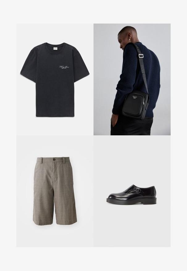 Mustat lyhythihaiset t-paidat, joissa on pieni valkoinen "Filling Pieces" -tekstilogo vasemmassa rinnassa.; Harmaat ruudulliset shortsit, joissa on muotoiltu malli. Edessä nappikiinnitys ja kaksi sivutaskua. Valmistettu teksturoidusta kankaasta.; Musta nahkakenkä, jossa on pyöreä kärki, matala musta korko ja koristeellinen hihna. Tasainen pinta, jossa on kiiltävä viimeistely.; Mustat nahkainen olkalaukku, jossa on vetoketjullinen osasto, logoyksityiskohta ja brändätty säädettävä hihna. Päällä teksturoitu tummansininen villapaita.