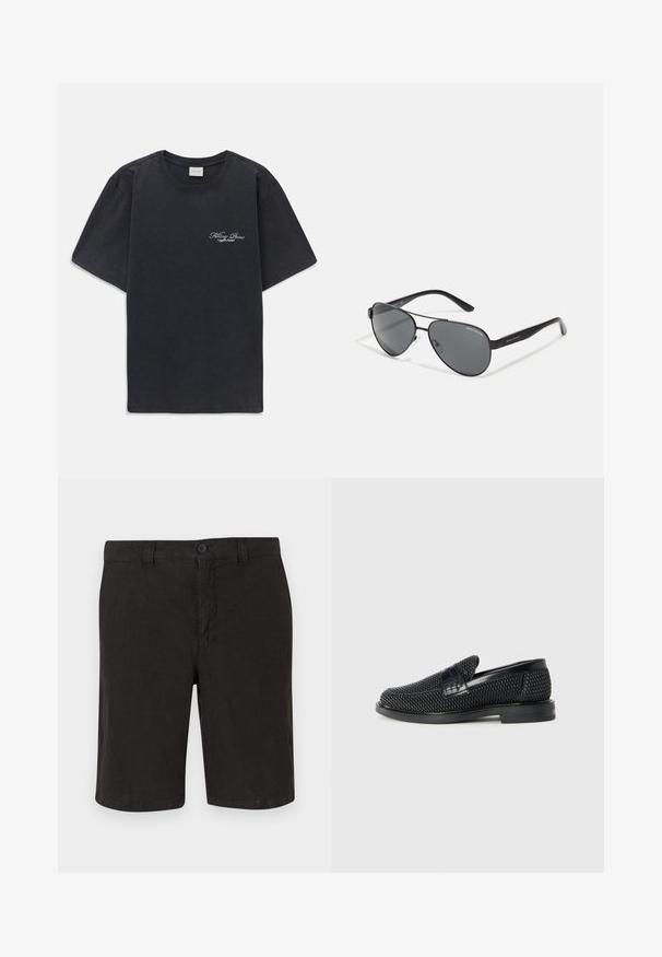 Zwarte korte mouwen crew neck t-shirt met klein wit "Filling Pieces" tekstlogo op de linkerborst.; Zwarte linnen shorts met een knoopsluiting aan de voorkant, vlakke voorkant en rechte snit. Lichtgewicht stof met een gladde afwerking.; Zwartegeweven instap schoenen met een glad leren accent aan de bovenkant, een ronde neusontwerp en een laag profiel rubberen zool.; Zwarte piloten zonnebril met donkere glazen, dunne metalen frame en slanke plastic poten met logo-accenten.