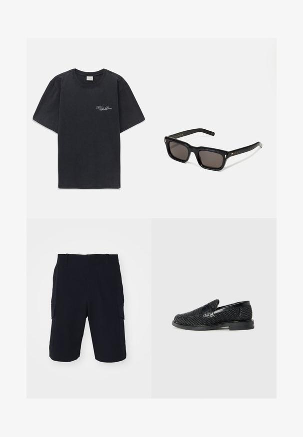 Tricou negru cu mânecă scurtă și gât rotund, având un mic logo alb "Filling Pieces" pe partea stângă a pieptului.; rag & bone CADE - Pantaloni scurți - black; Pantofii negri din material textil, cu accent din piele netedă pe partea superioară, design cu vârf rotund și talpă din cauciuc de profil redus.; Ochelari de soare negri, rectangul care au lentile întunecate, ramă din plastic gros, accente aurii pe brațe și logo-ul brandului gravat pe mâner.