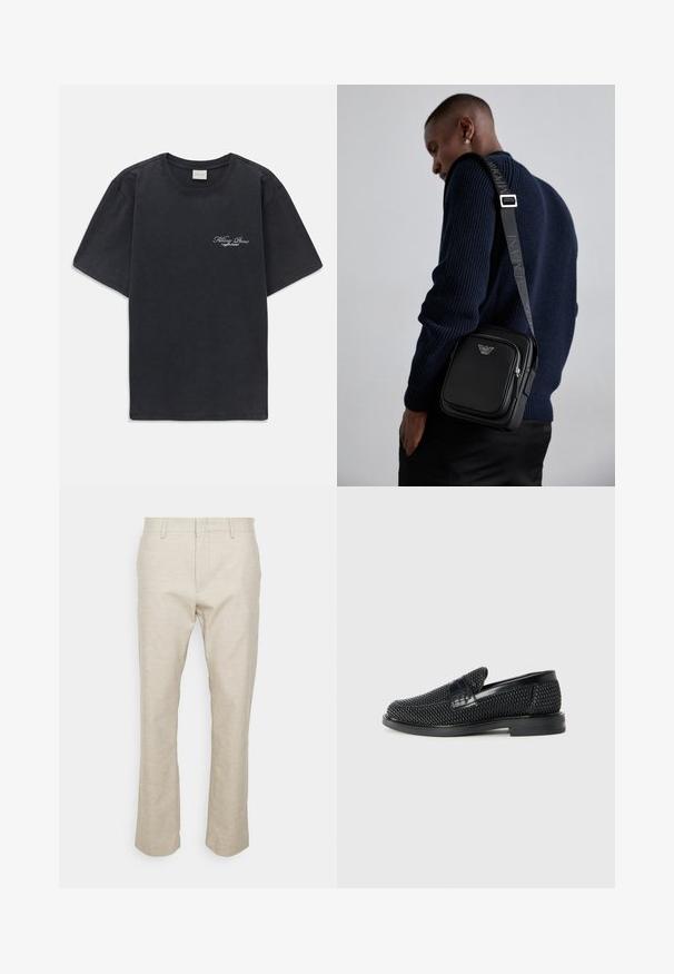 Svart kortermet t-skjorte med rund hals og liten hvit "Filling Pieces" tekstlogo på venstre bryst.; Beige linbukser med rette ben, frontlommer og en jevn tekstur. Minimalistisk design; ingen synlige mønstre eller tilbehør.; Sorte vevde slip-on sko med en glatt lærdetalj på overdelen, design med rund tå og en lavprofil gummisåle.; Svart lær crossbody-veske med en glidelåslomme, logo-detalj og justerbar rem med merke. Båret mot en teksturert marineblå genser.