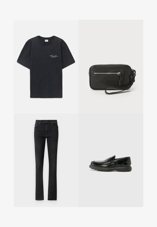 Juodas trumpomis rankovėmis, apvaliu kaklu marškinėliai su mažu baltu "Filling Pieces" tekstiniu logotipu kairiajame krūtinės kampe.; Juodos džinsinės kelnių su tiesiu kirpimu, su priekinėmis kišenėmis ir sagčių uždarymu. Lygus paviršius su subtiliu nusidėvėjimu.; Juodas odinis loaferis su blizgiu paviršiumi, apvaliu pirštu, subtiliais siūlių detalėmis ir storu guminio pado, užtikrinančio ilgaamžiškumą.; Juodas odinis delninukas su tekstūruotu paviršiumi, priekinė užtrauktuko kišenė ir nuimama riešo juosta. Priekyje yra logotipo etiketas. Stačiakampio formos.