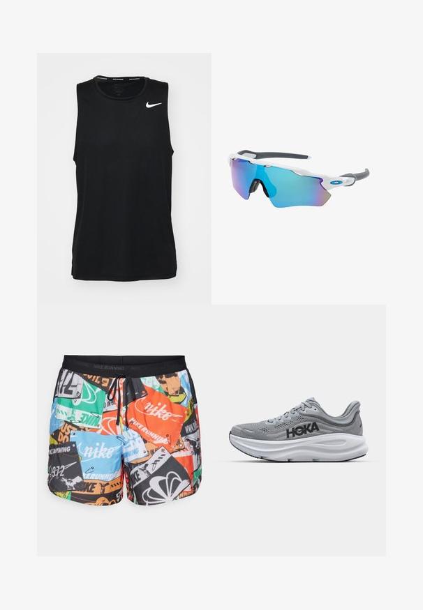 Musthave, ilma varrukateta sporditop, mis on valmistatud siledast kangast. Ülemisel vasakul küljel on valge Nike logo. Ümar kaelus ja sildita disain.; Nike Performance STRIDE RUN ENERGY - Spordišortsid - total orange/black/reflective silver; Halluxi spordijalats, millel on võrkkangas, HOKA brändingu, pehmendatud vaheaine ja kummist välistald. Omab kumerat disaini ja tekstuuriga detaile.; Valged raamidega päikeseprillid, hallide aktsentidega ja siniste peegelprillidega. Sportlik disain, ümber keha kujundus ja reguleeritavad ninasillad.