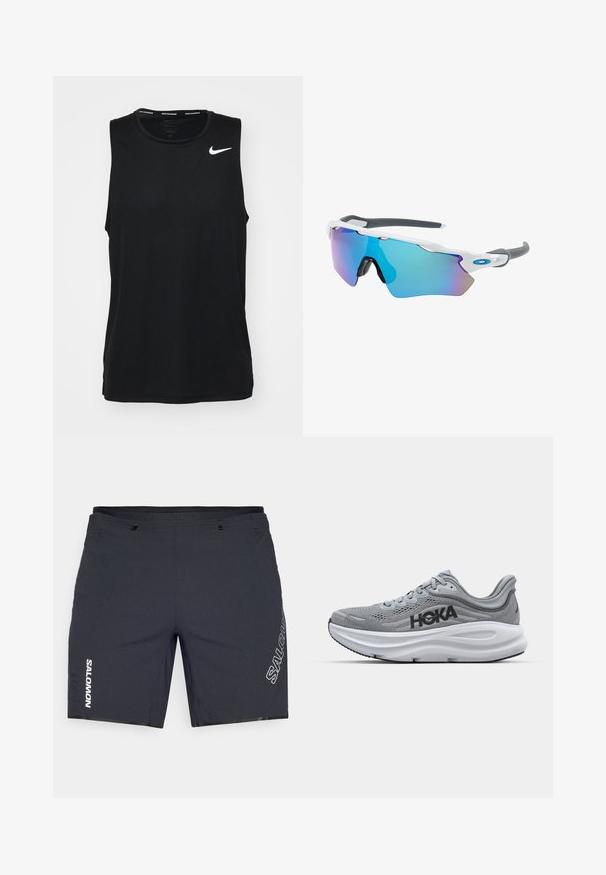 Top atlético sem mangas preto, feito de um tecido suave. Apresenta um logotipo da Nike branco na parte superior esquerda. Decote arredondado com um design sem etiqueta.; Calções desportivos pretos com um tecido texturizado, apresentando uma cintura ajustada, dois bolsos frontais e um logotipo branco "SALOMON" de lado.; Sapatilha atlética cinza com parte superior em malha, marca HOKA, meia-sola acolchoada e sola em borracha. Apresenta um design curvo e detalhes texturizados.; Óculos de sol com uma armação branca, detalhes cinzas e lentes espelhadas azuis. Design desportivo, forma envolvente e almofadas do nariz ajustáveis.