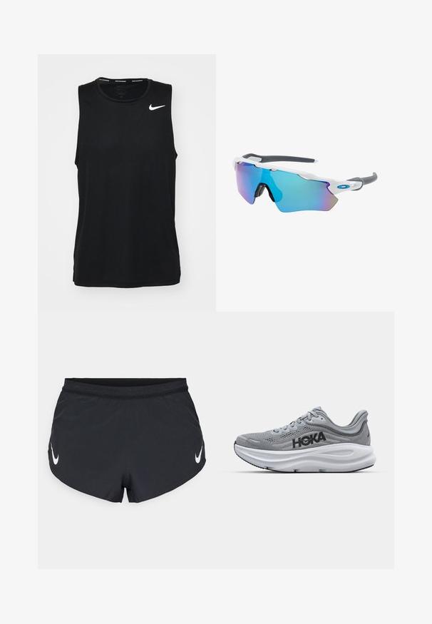 Zwart, mouwloos sport tanktop van gladde stof. Heeft een wit Nike-logo aan de bovenlinkerkant. Ronde halslijn met een tagloze ontwerpen.; Zwarte sportshorts van lichtgewicht stof, met een gestructureerde tailleband en een wit Nike-logo aan de linkerkant.; Grijze sportieve schoen met een bovenwerk van mesh, HOKA-merk, gevoerde tussenzool en rubberen loopzool. Heeft een gebogen ontwerp en gestructureerde details.; Zonnebril met een wit frame, grijze accenten en blauwe spiegelglazen. Sportief ontwerp, omhulde vorm en verstelbare neuspads.