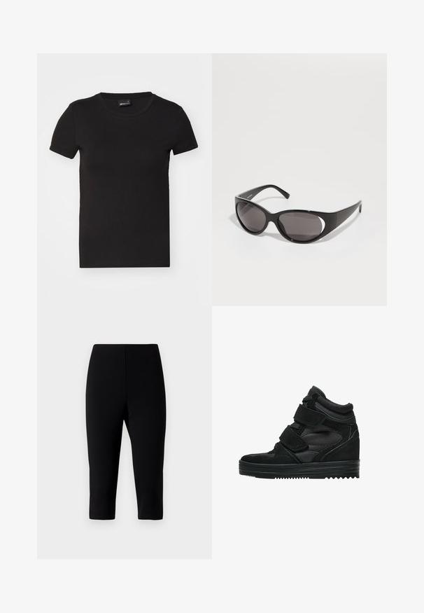 Tricou negru cu mânecă scurtă, confecționat din bumbac fin. Are un decolteu rotund și un design ajustat, fără modele sau grafică vizibilă.; Pantaloni capri negri, confecționați dintr-un material elastic, cu un design ajustat care se oprește imediat sub genunchi, având o textură netedă și fără cusături vizibile.; Tenisi negri cu glezna înaltă, din suede și plasă, cu benzi Velcro, un finisaj neted și o talpă din cauciuc texturat pentru aderență.; Ochelari de soare negri cu lentile ovale și un design elegant. Ramele sunt lucioase și largi, având un detaliu decupat pe laterale.