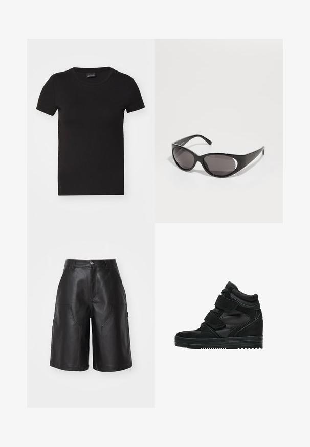 Černé tričko s krátkým rukávem vyrobené z hladké bavlny. Má kulatý výstřih a přiléhavý střih, bez viditelných vzorů nebo grafiky.; Černé kožené šortky se rovný střihem, obsahující dvě přední kapsy a jemné švy. Hladký povrch a odolný materiál.; Černé vysoké tenisky vyrobené z semiše a síťoviny, s suchými zipy, hladkým povrchem a texturovanou gumovou podrážkou pro lepší přilnavost.; Černé sluneční brýle s oválnými čočkami a elegantním designem. Rám je lesklý a široký, s výřezem po stranách.; Černá kožená kabelka s pletenými rukojetmi, kapsou na zip a visícími třásněmi. Texturovaný povrch s kovovými hroty a kovovými akcenty.