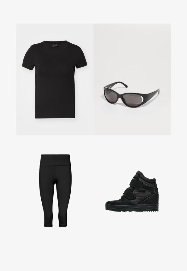 Czarna koszulka z krótkim rękawem, wykonana z gładkiej bawełny. Posiada okrągły dekolt i dopasowany krój, bez widocznych wzorów czy grafik.; Czarne legginsy do połowy łydki o gładkiej, elastycznej teksturze. Posiadają szeroki pas i płaskie szwy dla komfortu i elastyczności.; Czarne wysokie sneakersy wykonane z zamszu i siateczki, z rzepami, gładkim wykończeniem oraz teksturowaną gumową podeszwą dla lepszej przyczepności.; Czarne okulary przeciwsłoneczne z owalnymi soczewkami i smukłym designem. Oprawki są błyszczące i szerokie, z wycięciem po bokach.; Czarna skórzana torebka z plecionymi uchwytami, kieszenią na zamek i zawieszkami. Teksturowana powierzchnia z metalowymi ćwiekami i akcentami ze stali.