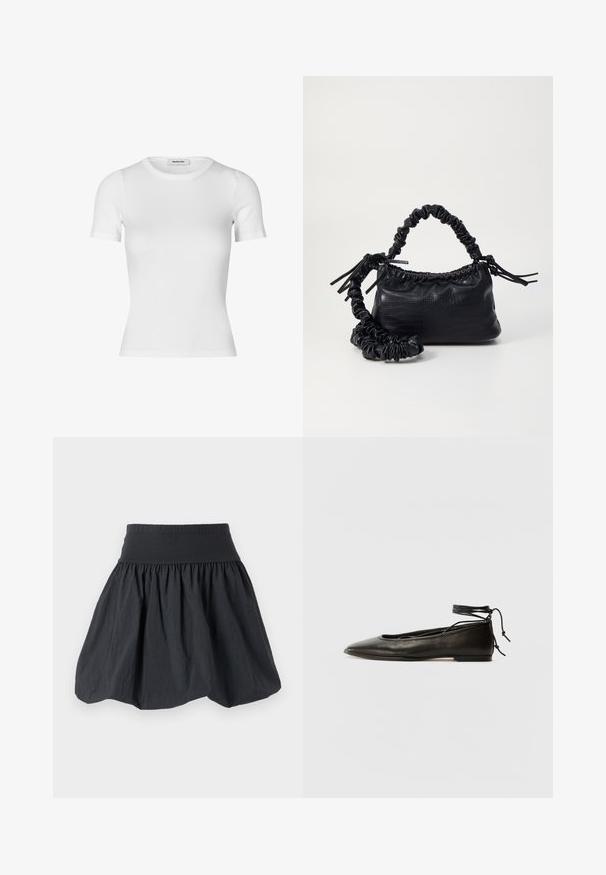 White short-sleeve t-shirt made of ribbed cotton fabric. Fitted design with a crew neckline and a smooth texture. No patterns or embellishments.; Black elastic-waist skirt made from lightweight, crinkled fabric. Features a flared silhouette and gathered texture for volume.; Black leather ballet flats with a pointed toe, ankle tie, and flat sole, featuring a smooth texture and minimalistic design.; Black faux leather handbag with a crocodile texture, cinched top, and a scrunched strap. Appears soft and compact in design.
