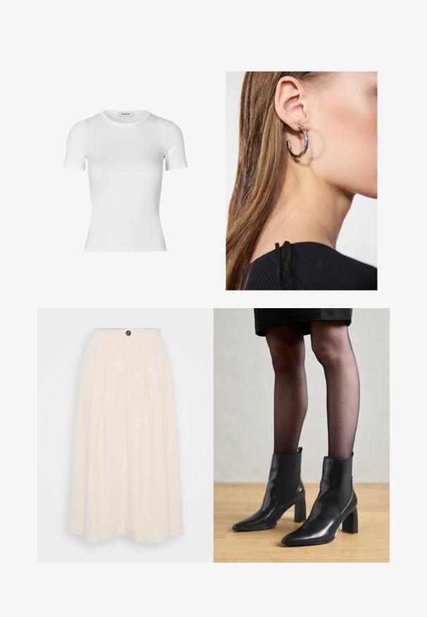Fehér, rövid ujjú póló bordás pamutból. Testhezálló fazon, kerek nyakkivágással és sima felülettel. Nincsenek minták vagy díszítések.; Egy krémszínű midi szoknya, amelyet redők, elülső gombos zárás és sima textúra jellemez, a kényelmes illeszkedés érdekében tervezték.; Fekete bőr bokacsizma, hegyes orral, vastag négyzetes sarkal és letisztult dizájnnal. Az egyszerű felvételt segítő elasztikus oldalsó panelek jellemzik.; Ez egy ezüst fülbevaló, sima felülettel, amelyen apró arany díszítőelemek találhatók. Kerek formájú és a fülcimpán viselik.