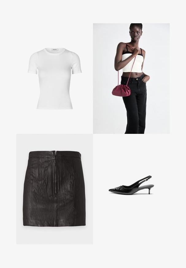 Valge lühikeste varrukatega T-särk, mis on valmistatud ribikangast. Omab ümarat kaelust ja istuvat siluetti. Sile tekstuur ilma mustriteta.; Musta nahkne mini seelik, kus ees on lukku ning peened vertikaalsed õmblused, lihtsa tausta ees.; Musthave nahkased kõrged kontsad, millel on terav varvas, väike kitten-kont ja dekoratiivne sõlm ees. Ühtlane sile tekstuur.; Burgundia pehmeast kangast käekott, millel on kokkuvõetud disain ja pikk rihm, kantud üle keha. Mudel kannab valget crop-topi ja musti teksaseid.