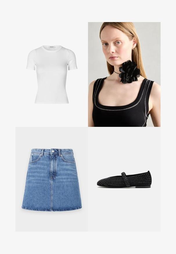 T-shirt bianco a maniche corte realizzato in cotone a coste. Design aderente con scollatura a girocollo e texture liscia. Senza motivi o decorazioni.; Gonna di jeans con forma ad A svasata, lavaggio azzurro chiaro, due tasche frontali e chiusura con bottone in vita. Dettagli della cucitura visibili.; Scarpe flat nere con punta appuntita, decorate con borchie nere sulla parte superiore, dotate di una cinturino arricciato sulla sul collo del piede. Suola in gomma.; Collana choker a forma di fiore nero realizzata con petali sovrapposti, indossata con un top a coste nero che presenta accenti argentati lungo il colletto e le spalle.