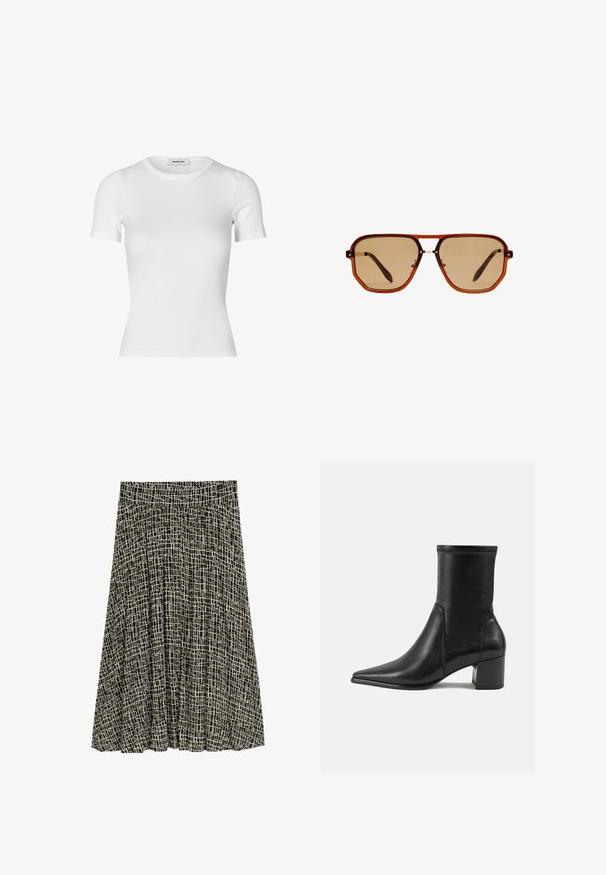 Weißes T-Shirt mit kurzen Ärmeln aus geripptem Baumwollstoff. Figurbetontes Design mit runder Ausschnitt und glatter Textur. Keine Muster oder Verzierungen.; TOM TAILOR Maxirock - abstract black grid design; Schwarze Knöchelstiefel aus glattem Leder, mit spitzem Zehenbereich, einem Blockabsatz und markanten, raised stitching am oberen Rand.; Braune achteckige Sonnenbrille mit einem transparenten, bernsteinfarbenen Rahmen und braun getönten Gläsern. Verfügt über eine Metallverzierung am Steg und schlanke Bügel.; Braune Wildleder-Umhängetasche mit zwei Griffen, einem Knopfverschlussriemen und einer entspannten, leicht schlaffen Form.