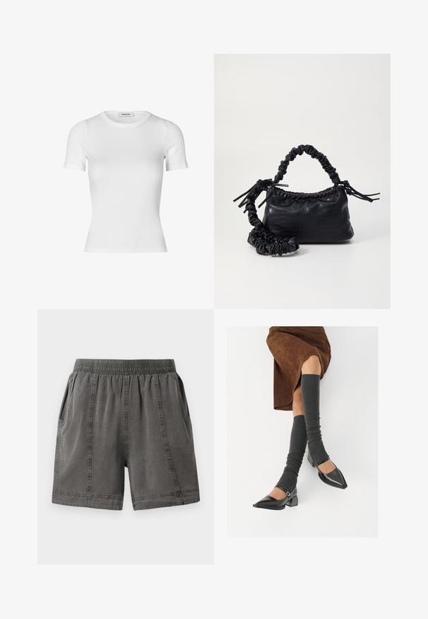 Valkoinen lyhythihainen t-paita, joka on valmistettu ribbikankaasta. Tiukka malli, jossa on pyöreä pääntie ja sileä rakenne. Ei kuvioita tai koristeita.; Harmaat, puuvillasekoitteiset shortsit, joissa on joustava vyötärö, sivutaskut ja ommeltu yksityiskohtia saumoissa. Pehmeä rakenne ja rento istuvuus.; Musta lakattu nahkakengät teräväkärkisillä, leveällä kantapäällä ja nilkkahihnalla, yhdistettynä harmaisiin ribattuihin säärystimiin ja ruskeaan mokkasiinimekkoon.; Must-have mustekahvi nahkalaukku krokotiiliaistalla, kiristetty yläosa ja rypistetty hihna. Näyttää pehmeältä ja kompaktilta muotoilultaan.