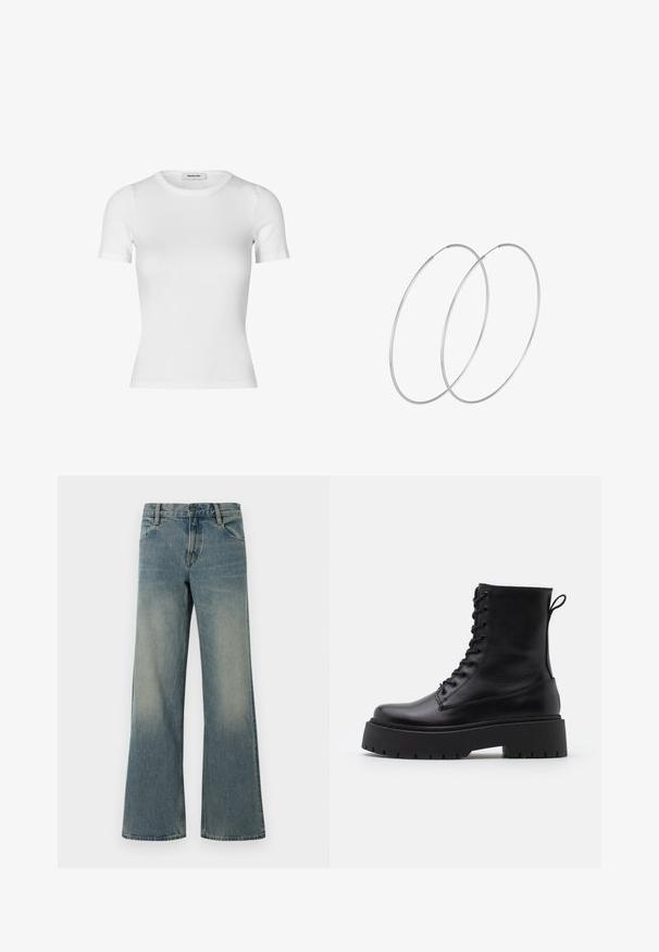 Biele tričko s krátkym rukávom vyrobené z rebrovaného materiálu. Má okrúhly výstrih a priliehavý strih. Hladká textúra bez vzorov.; Modré rifle s širokými nohavicami, klasickým päť vreckovým dizajnom a zipsom na gombík, s vyblednutými detailmi na stehnách a kolenách.; Čierne kožené členkové topánky s okrúhlou špičkou, šnurovaním vpredu a hrubou gumovou podrážkou s textúrovaným vzorom. Sťahovací pútko na zadnej strane.; Strieborné kruhové náušnice s minimalistickým dizajnom. Cirkulárny tvar, hladký povrch a tenký profil. Ľahké s lesklým povrchom.