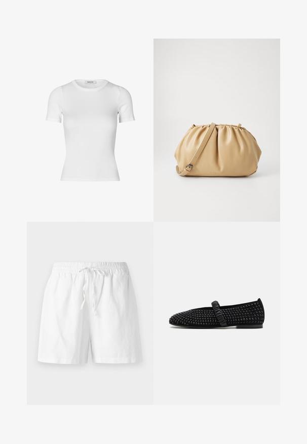 Biała koszulka krótko rękawowa wykonana z prążkowanej bawełny. Dopasowany krój z okrągłym dekoltem i gładką teksturą. Bez wzorów ani ozdób.; Białe bawełniane szorty z elastycznym pasem, szczegółowością w postaci sznurka oraz luźnym krojem. Gładka tekstura i długość do kolan.; Czarne płaskie buty z ostrym noskiem, ozdobione czarnymi ćwiekami na cholewce, z marszczonym paskiem na wierzchu stopy. Gumowa podeszwa.; Torebka skórzana w kolorze tan z plisowanym wzorem, regulowanym paskiem i zaokrąglonym kształtem. Minimalistyczne logo na przedniej powierzchni.