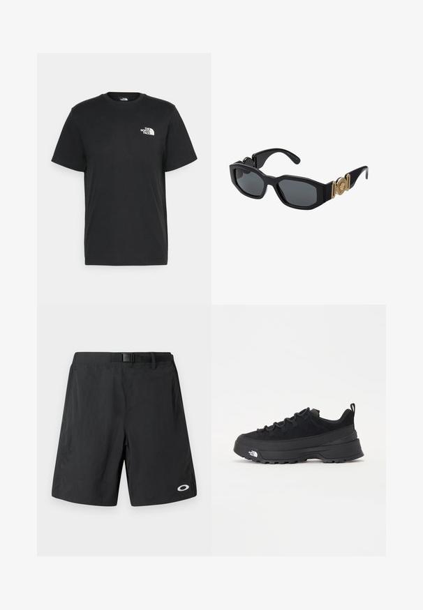 Črna bombažna majica s kratkimi rokavi, okroglim izrezom in majhnim belim logotipom na levem prsnem delu. Preprost dizajn, gladka tekstura in sproščen kroj.; Črne plavalne hlače gladke teksture, s pasom in belim logotipom na spodnjem desnem delu. Oblikovanje do sredine stegna.; Črne zunanje teniske s zgornjim delom iz usnja z nubukom, teksturiranim gumijastim podplatom in trdnim vezalnim sistemom. Imajo ojačan petni del in logotip blagovne znamke na strani.; Črne sončne očala z masivnim geometrijskim okvirjem, temnimi lečami in zlatimi kovinskimi detajli na templjih, ki vsebujejo okroglo emblemo.