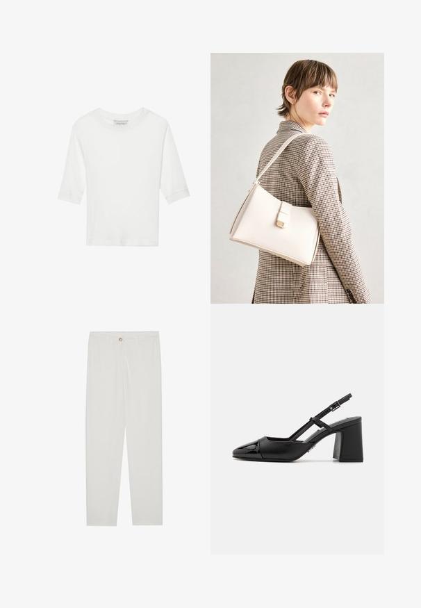 Tricou alb, cu dungi, cu mâneci scurte și guler rotund. Textură moale, design simplu și tiv drept. Eticheta brandului vizibilă în interior.; Pantaloni albi, croiți, cu un design drept al piciorului, având sistem de închidere cu nasture, bucle pentru curea și buzunare laterale; textură de țesătură netedă.; Cureau din piele patent neagră, cu vârf ascuțit, toc pătrat și curea ajustabilă. Textură netedă și design minimalist.; Geantă de mână din piele albă cu un design structurat, având o închidere magnetică și un breteau, expusă pe un fundal neutru.