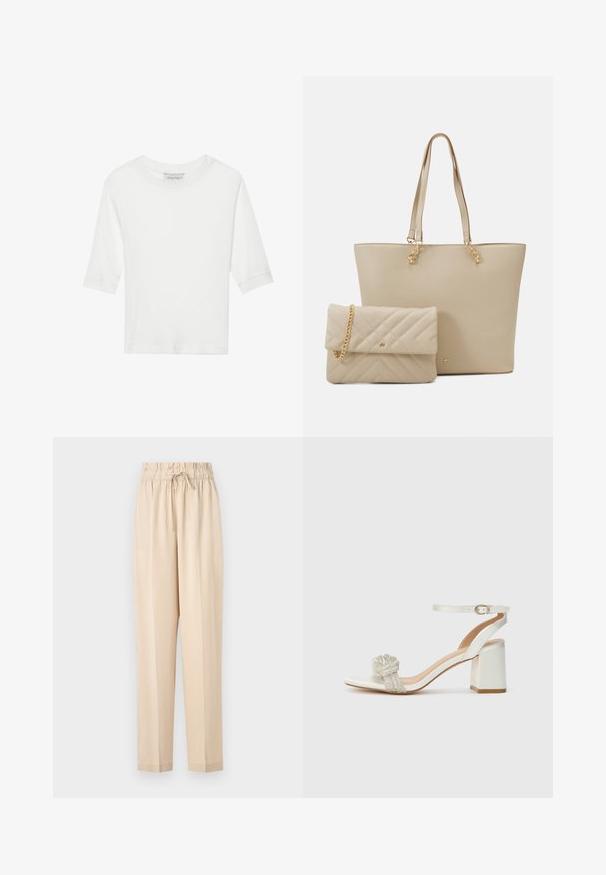 White, ribbed T-shirt with short sleeves and a round neckline. Soft texture, simple design, and a straight hemline. Brand label visible inside.; Beige, lightweight trousers with an elastic waistband, drawstring detail, and straight leg design. Smooth texture, minimalistic style.; White open-toe sandal with a thick block heel, featuring a textured glitter band across the foot and an adjustable ankle strap.; Beige tote bag with flat handles, smooth texture, and gold hardware, paired with a matching quilted clutch featuring a chain strap.