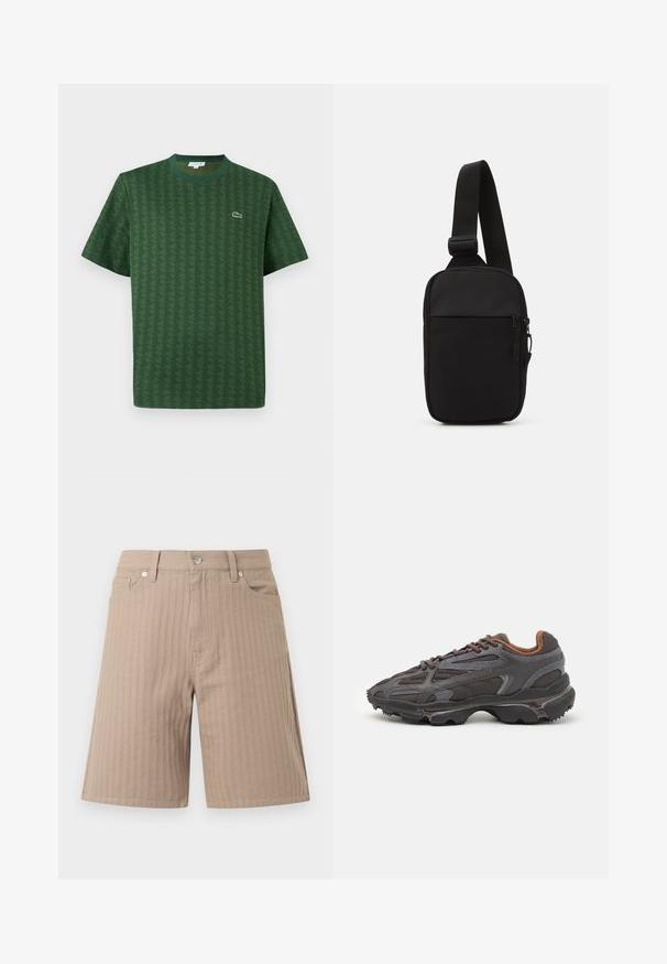 Roheline puuvillasärk, millel on tekstureeritud geomeetriline muster. Särgil on soonikuga ümmargune kaelus ja väike logo rinnal.; Beežid lühikesed püksid tekstuurse kangaga, millel on vertikaalsed triibud, vöökoht ees oleva nupuga ja küljetaskud.; Tumed hallid Lacoste tossud, mis on valmistatud võrkkangast ja sünteetilisest materjalist, omavad tekstureeritud talla ning pruune aktsente kaeluse ja brändingu juures.; Mustmust crossbody kott mustekangast, millel on üks reguleeritav rihm, lukuga põhiosas ja eesmine tasku.