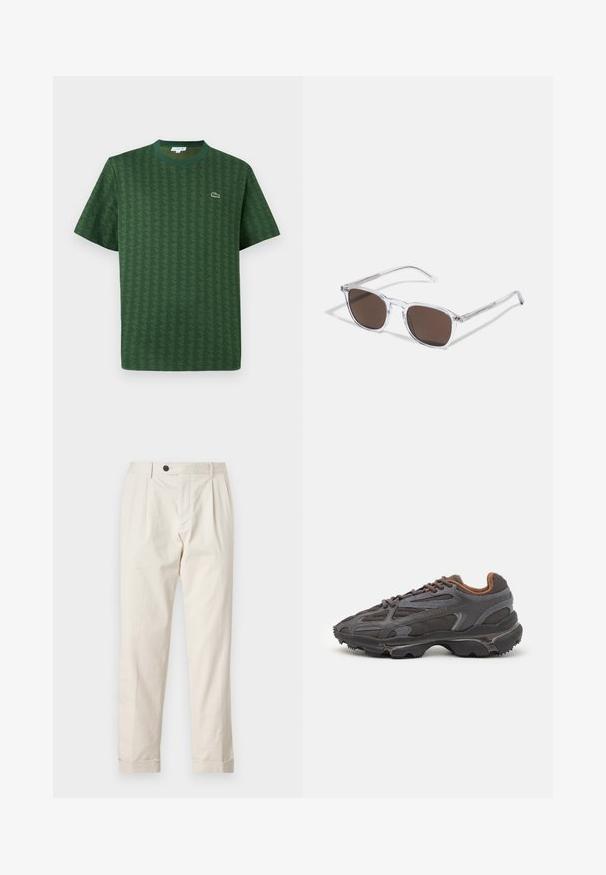 Πράσινη μπλούζα με κοντό μανίκι από βαμβάκι με υφή γεωμετρικού μοτίβου. Διαθέτει ριγέ στρογγυλή λαιμόκοψη και ένα μικρό λογότυπο στο στήθος.; Κρεμ παντελόνια σε κανονική εφαρμογή, με μονό κουμπί κλεισίματος, πτυχώσεις μπροστά και γυριστά μπατζάκια. Φτιαγμένα από ελαφρύ ύφασμα.; Αθλητικά παπούτσια Lacoste σε σκούρο γκρι χρώμα, κατασκευασμένα από διχτυωτό και συνθετικό υλικό, με ελαστική σόλα και καφέ λεπτομέρειες στον γιακά και στο branding.; Διαφανή πλαστικά γυαλιά ηλίου με ορθογώνιους καφέ φακούς, με λεπτούς, διαφανείς βραχίονες και μεταλλικές λεπτομέρειες στους βραχίονες.