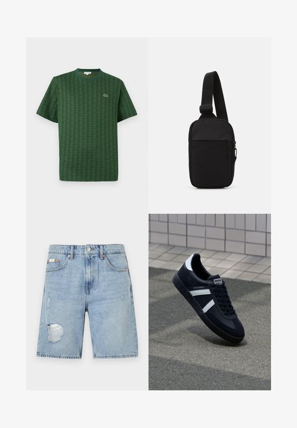 Tricou verde din bumbac, cu un model geometric texturat. Prezintă un guler rotund cu nervuri și un logo mic pe piept.; Shorts din denim de culoare albastru deschis cu un design deteriorat. Prezintă margini desfăcute și petice, cinci buzunare și închidere cu buton din metal.; Sneaker din piele neagră cu dungi albe, talpă din cauciuc texturat și șireturi. Prezintă un eticheta de marcă pe limbă.; Geantă crossbody neagră, confecționată dintr-un material rezistent, dotată cu o curea ajustabilă, un compartiment principal cu fermoar și o buzunar frontal.