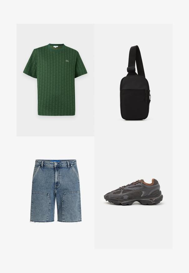 Roheline puuvillasärk, millel on tekstureeritud geomeetriline muster. Särgil on soonikuga ümmargune kaelus ja väike logo rinnal.; Heledad sinised denim lühikesed püksid, millel on lõdvestatud lõige, kulunud äär ja suured esikotid. Valmistatud tekstuurilisest denimkangast.; Tumed hallid Lacoste tossud, mis on valmistatud võrkkangast ja sünteetilisest materjalist, omavad tekstureeritud talla ning pruune aktsente kaeluse ja brändingu juures.; Mustmust crossbody kott mustekangast, millel on üks reguleeritav rihm, lukuga põhiosas ja eesmine tasku.