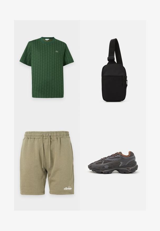 T-shirt vert en coton avec un motif géométrique texturé. Il présente un col rond côtelé et un petit logo sur la poitrine.; Shorts de sport vert olive en mélange de coton doux, dotés d'une taille élastique avec cordon de serrage et d'un logo imprimé dans le coin inférieur.; Baskets Lacoste en gris foncé, en matériau mesh et synthétique, avec une semelle texturée et des accents marron sur le col et le branding.; Sac bandoulière noir en tissu durable, avec une seule sangle ajustable, un compartiment principal zippé et une poche avant.