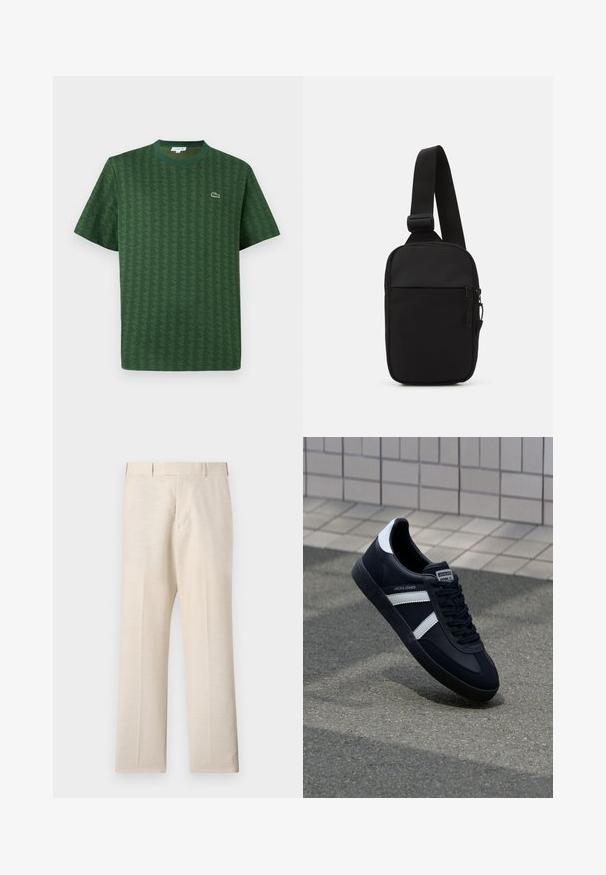 Grünes T-Shirt aus Baumwolle mit einem strukturierten geometrischen Muster. Verfügt über einen gerippten Rundhalsausschnitt und ein kleines Logo auf der Brust.; Beige Hosen aus gewebtem Stoff mit glatter Textur, mit flachem Vorderteil, Seitentaschen und geradem Bein.; Schwarze Leder-Sneaker mit weißen Streifen, strukturiertem Gummisohle und Schnürung. Verfügt über ein Markenetikett auf der Zunge.; Schwarze Umhängetasche aus robustem Gewebe, mit einem verstellbaren Tragegurt, einem Reißverschluss-Hauptfach und einer Fronttasche.