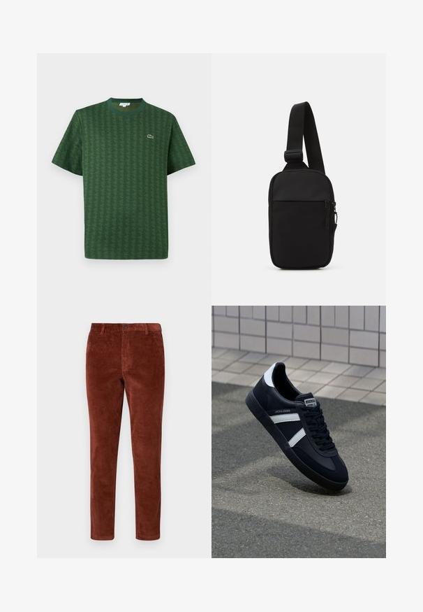 Zaļš T-krekls, kas izgatavots no kokvilnas un aprīkots ar teksturētu ģeometrisku rakstu. Tam ir ribota apaļa apkakle un mazs logotips uz krūtīm.; Rūsganas korduroja bikses ar taisnu griezumu, kurām ir viens pogu aizdare un teksturēta vaļa raksts visā virsmā.; Melnā ādas sporta apavi ar baltām svītrām, teksturēta gumijas zole un auklu aizdare. Iekļauj zīmola etiķeti uz mēles.; Melnā krusta soma, kas izgatavota no izturīga auduma, ar vienu regulējamu siksnu, ar rāvējslēdzēju galveno nodalījumu un priekšējo kabatu.