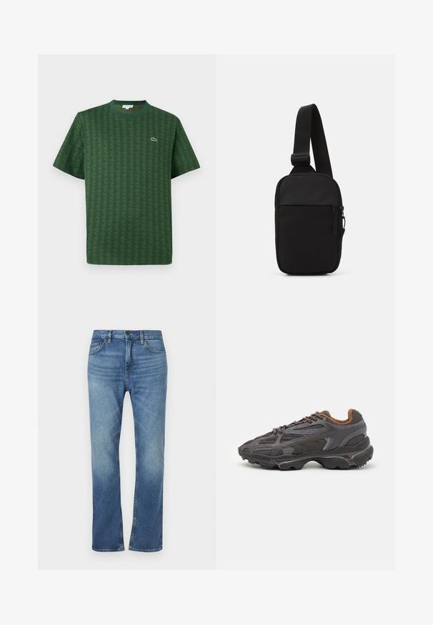 Green t-shirt made of cotton with a textured geometric pattern. Features a ribbed crew neckline and a small logo on the chest.; Blue denim jeans with a straight leg design. Features five pockets, a button closure, and subtle fading on the front and back.; Lacoste sneakers in dark gray with mesh and synthetic material, featuring a textured sole and brown accents on the collar and branding.; Black crossbody bag made of durable fabric, featuring a single adjustable strap, a zippered main compartment, and a front pocket.