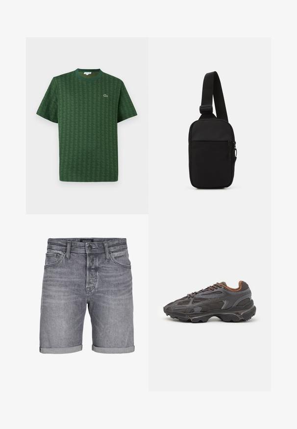 T-shirt vert en coton avec un motif géométrique texturé. Il présente un col rond côtelé et un petit logo sur la poitrine.; Shorts en denim gris avec un aspect légèrement usé, présentant un ourlet retroussé, un design à cinq poches et une fermeture à bouton. Étiquette : JACK & JONES.; Baskets Lacoste en gris foncé, en matériau mesh et synthétique, avec une semelle texturée et des accents marron sur le col et le branding.; Sac bandoulière noir en tissu durable, avec une seule sangle ajustable, un compartiment principal zippé et une poche avant.