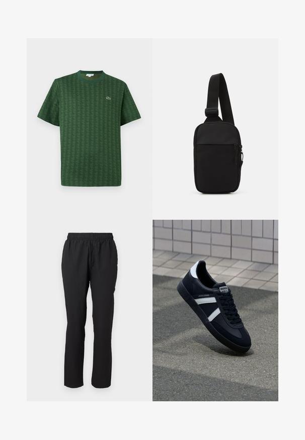 Green t-shirt made of cotton with a textured geometric pattern. Features a ribbed crew neckline and a small logo on the chest.; Black, lightweight trousers with an elastic waistband, straight leg design, and textured fabric, featuring no visible fasteners or pockets.; Black leather sneaker with white stripes, textured rubber sole, and lace-up front. Features a branded label on the tongue.; Black crossbody bag made of durable fabric, featuring a single adjustable strap, a zippered main compartment, and a front pocket.