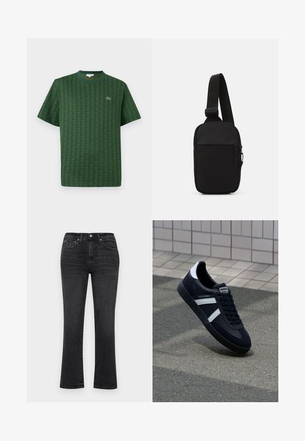 Zöld, pamutból készült póló, texturált geometrikus mintával. Ribbed környakú és egy kis logó található a mellkasán.; Fekete farmernadrág egyenes szabással, gombos záródással, öt zsebbel, enyhe kopással és standard varrással.; Fekete bőr sportcipő fehér csíkokkal, textúrált gumitalppal és fűzős elejével. A nyelvén márkás címke található.; Fekete keresztpántos táska, tartós anyagból készült, egy állítható pánttal, cipzáras főrekesszel és elülső zsebbel.