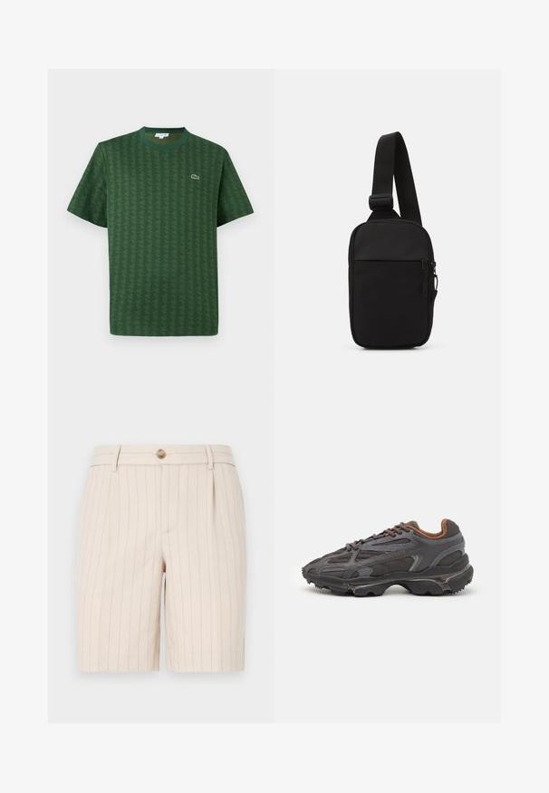 Grünes T-Shirt aus Baumwolle mit einem strukturierten geometrischen Muster. Verfügt über einen gerippten Rundhalsausschnitt und ein kleines Logo auf der Brust.; Beige Shorts aus einem leichten Stoff, mit einem Nadelstreifenmuster, einem vorderen Knopfverschluss und seitlichen Taschen.; Lacoste Sneaker in Dunkelgrau aus Mesh und Synthetikmaterial, mit einer strukturierten Sohle und braunen Akzenten am Kragen und Logo.; Schwarze Umhängetasche aus robustem Gewebe, mit einem verstellbaren Tragegurt, einem Reißverschluss-Hauptfach und einer Fronttasche.