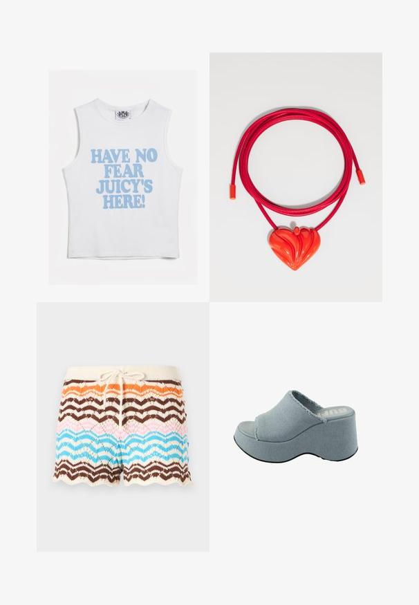 Balta be rankovių trumpa palaidinė su ryškiai mėlyna užrašu "NĖRA KODĖL BAIMINTIS, JUICY ČIA!" Minkšta medvilninė medžiaga su apvaliu iškirpimu.; Megztos šortai su bangų raštu oranžinės, rudos, rožinės ir mėlynos spalvų atspalviais, su kreminės spalvos liemeniu ir raišteliu. Bangos formos kraštas.; Šviesiai mėlynas platforminis skaidrus sandalų modelis su nusitrynusia audinio viršūne, atviru pirštu, stori, apvalūs padukai ir tekstūruota pilka padas.; Raudona apyrankė su blizgiu širdelės formos pakabuku, puošta bangomis, ant lygaus raudono šnuro su reguliuojamais galais.