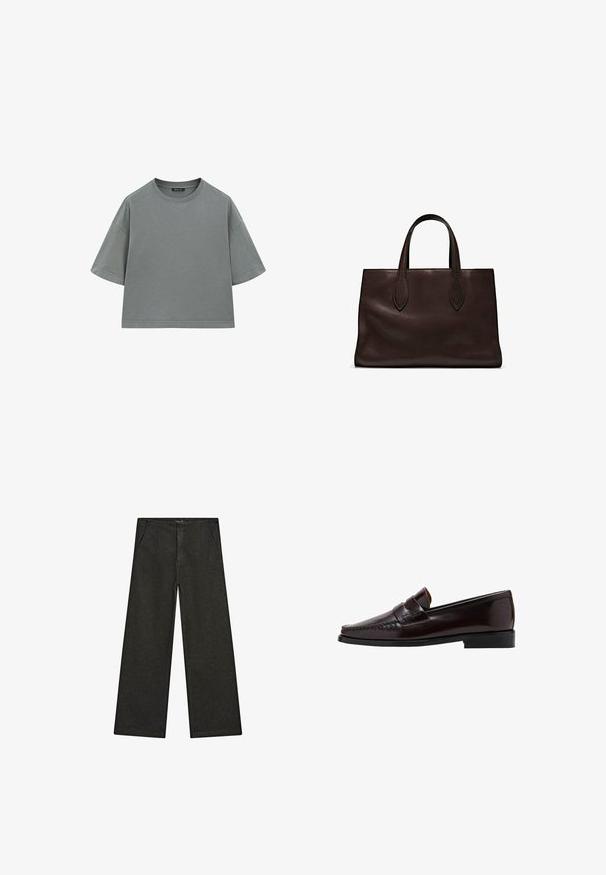 T-shirt in cotone grigio con una forma rilassata e squadrata, maniche corte e scollo rotondo. Presenta cuciture visibili lungo i bordi.; Pantaloni in denim neri a gamba larga con vita media, due tasche frontali e un design pulito e minimalista senza decorazioni visibili.; Mocassino in pelle marrone con punta in stile mocassino, cuciture elevate lungo l'assottigliamento e suola nera in gomma bassa. Finitura liscia e lucida.; Borsa a spalla in pelle marrone con due manici lunghi, forma rettangolare strutturata, texture liscia e dettagli di cucitura sottili.