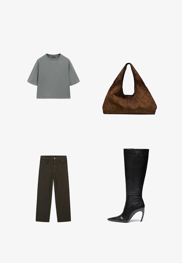 Grå bomulds T-shirt med en afslappet, boxy form, korte ærmer og rund halsudskæring. Har synlige syninger langs kanterne.; Mørkegrønne brede jeans lavet af en bomuldsblanding, med en frontlukning med knap, fem lommer og klassisk denim-syning.; Sorte læder knæhøje støvler med spids tå og høj stilettohæl; slank, glat tekstur med subtile sømme og ingen synlig hardware.; Brun ruskind skuldertaske med åben top. Har en dyb, bred form, udskåret håndtag og minimal syning for et rent design.