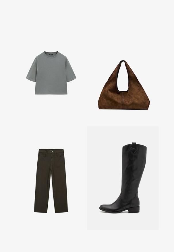 Szara bawełniana koszulka z luźnym, pudełkowym krojem, krótkimi rękawami i okrągłym dekoltem. Posiada widoczne szwy wzdłuż krawędzi.; Ciemnozielone spodnie dżinsowe typu wide-leg wykonane z mieszanki bawełny, z zamkiem na guzik z przodu, pięcioma kieszeniami i klasycznym przeszyciem dżinsowym.; Czarne skórzane kozaki do kolan z okrągłym noskiem, niskim obcasem blokowym i ozdobnymi szwami. Posiadają pętelkę z tyłu, co ułatwia zakładanie.; Brązowa zamszowa torba na ramię z otwartą górą. Posiada głęboką, szeroką konstrukcję, uchwyt wycięty oraz minimalne przeszycia dla czystego designu.