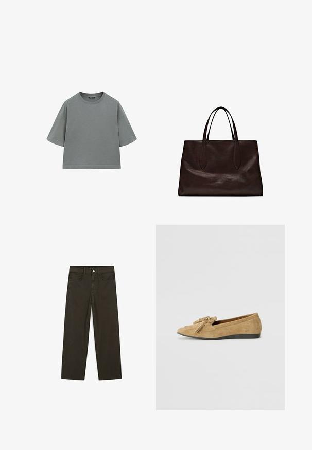 Graues Baumwoll-T-Shirt mit einem entspannten, kastigen Schnitt, kurzen Ärmeln und rundem Halsausschnitt. Mit sichtbaren Nähten an den Kanten.; Dunkelgrüne Jeans im weit geschnittenen Style, hergestellt aus einem Baumwollgemisch. Sie verfügen über einen Frontknopfverschluss, fünf Taschen und klassische Denim-Nähte.; Bequeme Ballerinas aus hellbraunem Wildleder mit runder Spitze und dekorativem Quasten-Detail. Die Sohle besteht aus strukturiertem schwarzem Gummi für guten Grip.; Massimo Dutti Handtasche - brown