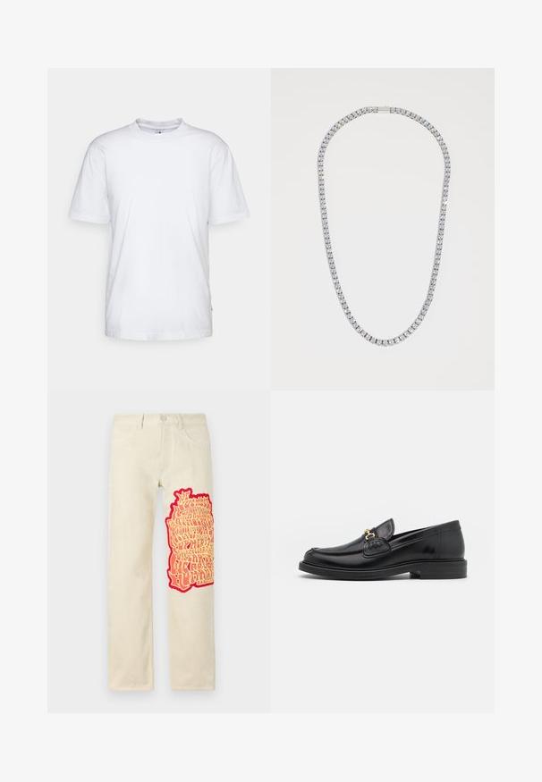 White cotton t-shirt with a crew neck, short sleeves, and a straight hem. Features a small brand tag on the left side seam.; Beige cotton pants featuring a large, textured red and yellow graphic on the left leg with stylized text. Straight-leg design.; Black leather loafers with a rounded toe, featuring gold hardware accent and stitching detail, set on a low, textured rubber sole.; DARKAI TENNIS LONG UNISEX - Necklace - silver-coloured