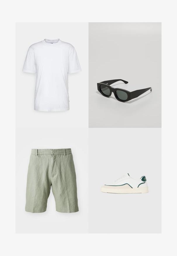 Hvid bomulds t-shirt med rund hals, korte ærmer og lige kant. Har et lille mærke på den venstre sidesøm.; Lys grønne linnedshorts med en afslappet pasform, elastisk talje og to frontlommer. Glat tekstur med et afslappet design.; Hvide lavtop sneakers med grønne detaljer, beige ruskind og en cremefarvet sål med en rilllet bund.; Sorte rektangulære solbriller med grønne tonede linser, tykke stel og flade templer med en glat plastisk overflade.