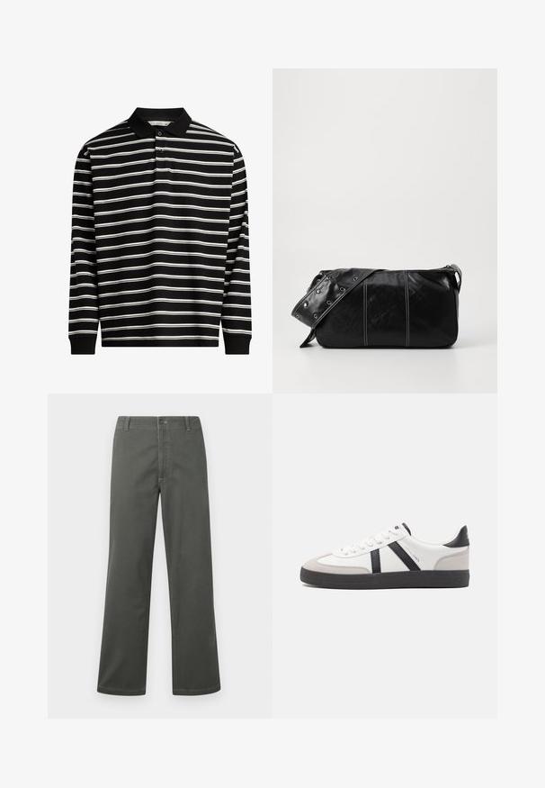 Garas piedurkņu polo krekls, izgatavots no melnas auduma ar baltām horizontālajām svītrām, ar apkakli un trīs pogu aizdari.; Pelēki plaša griezuma bikses, izgatavotas no kokvilnas sajaukuma, ar klasisku piecu kabatu dizainu un priekšējo pogu aizdari, kā arī kontrastējošiem šuvju elementiem.; Baltas sneakeris ar melniem un pelēkiem akcentiem, kuram ir teksturēts pelēks purngals, melna gumijas zole un plakanas baltas šņores. Tīrs dizains, minimālisma stils.; Melnas ādas plecu soma ar rāvējslēdzēja aizdari, ar teksturētu virsmu, baltu dūrienu un siksnu ar sudraba iekavām.