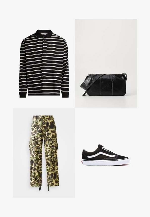 Polo z długim rękawem wykonany z czarnego materiału w białe poziome paski, z kołnierzykiem i zapięciem na trzy guziki.; Męskie spodnie cargo w prostym kroju z zielonym, brązowym i beżowym wzorem w kamuflaż, z zapięciem na guzik, bocznymi kieszeniami i ściągaczami na końcach nogawek.; Czarne trampki na płaskiej podeszwie z białymi akcentami, posiadające zaokrąglony czubek, sznurowany design i gumową podeszwę. Widoczne logo po bokach i detale przeszyć.; Czarna skórzana torba na ramię z zamkiem błyskawicznym, charakteryzująca się teksturowanym korpusem, białymi przeszyciami oraz paskiem z srebrnymi osłonkami.