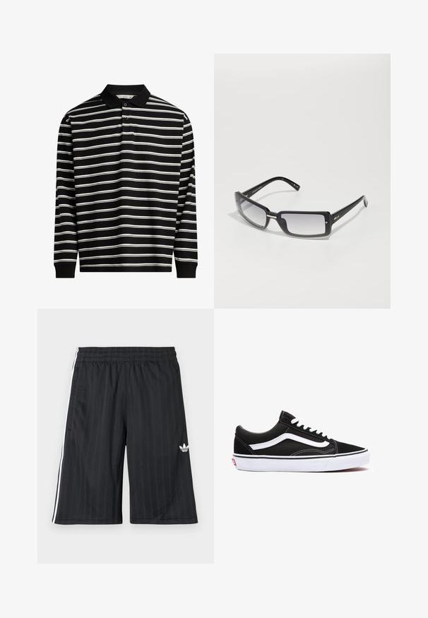 Juodasis polo marškinėliai ilgomis rankovėmis, pagaminti iš juodos medžiagos su baltais horizontaliais dryžiais, su apykakle ir trimis sagomis.; Juodos sportinės šortai su elastinga juosmena, baltomis šoninėmis juostelėmis ir tekstūruotu raštu. Pateikiamas mažas baltas logotipas kairiajame apatiniame kampe.; Juodas drobinių sportbačių su baltais akcentais, su apvaliu pirštu, su raištelių užsegimu ir gumuotu padu. Matoma šoninė logo ir siuvimo detalės.; Juodų stačiakampių saulės akinių su gradientiniu lęšiu, turinčių storą rėmelį ir metalinius akcentus ant kojelių. Visoje apieje glotni tekstūra.