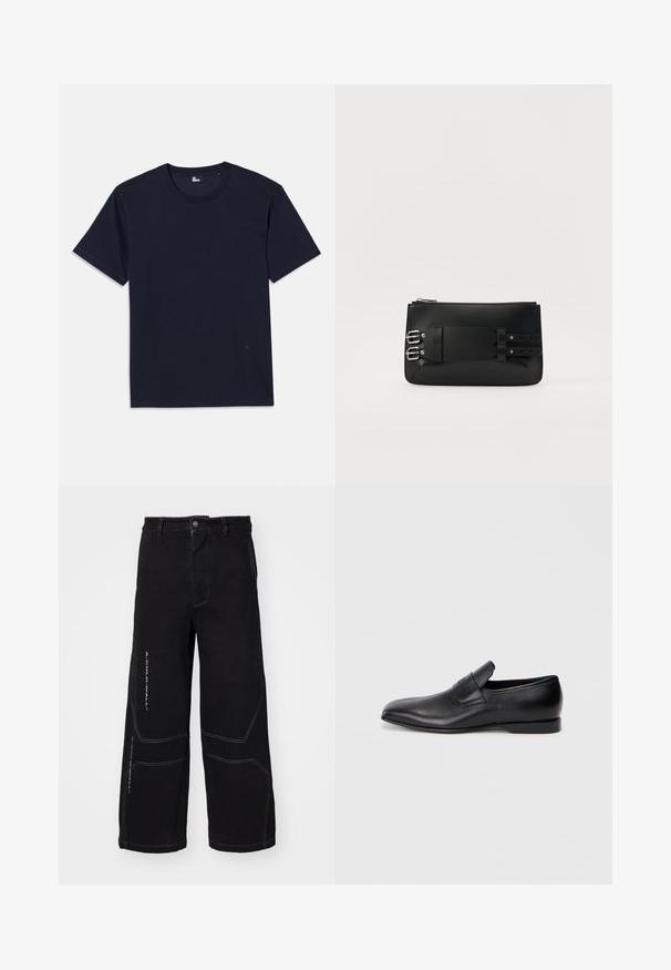 Granatowa bawełniana koszulka z krótkim rękawem, okrągłym dekoltem i minimalnymi detalami szwów. Prosty design bez widocznych wzorów czy akcentów.; Czarne dżinsowe spodnie o szerokich nogawkach, z kontrastowymi, białymi przeszyciami i geometrycznymi detalami. Zapięcie na guzik z kieszeniami z przodu.; Czarne skórzane buty wsuwane z ostrym noskiem, gładką fakturą i subtelnym logo z boku. Niski obcas z czystym, minimalistycznym designem.; Czarna skórzana kopertówka o gładkiej teksturze, wyposażona w metalowe elementy i szczegół z klamrą z tyłu. Zamek błyskawiczny na górze.