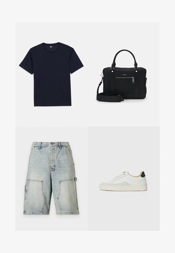 Námorníckomodrá bavlnená tričko s krátkym rukávom, okrúhlym výstrihom a minimálnymi švovými detailmi. Jednoduchý dizajn bez viditeľných vzorov alebo akcentov.; Svetlomodré denim cargo šortky s voľným strihom, s dvoma prednými vreckami a bočným vreckom, s vystuženým šitím a zapínaním na gombík.; Biele tenisky s semišovými akcentmi, zaoblenou špičkou, plochými šnúrkami a krémovou gumovou podrážkou. Na päte sú zelené značky.; Čierna syntetická taška cez rameno s dvoma rúčkami, odnímateľným ramenným popruhom, prednou vreckom na zips a striebornými kovovými akcentmi.