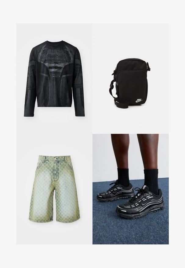 Long-sleeve black athletic shirt featuring a textured graphic print in dark gray, with "MISHV" and "SPORT" branding on the front.; Denim shorts featuring a textured pattern, light blue to green gradient, classic five-pocket design, and metal button closure.; Black Nike shoes feature a mesh upper with accent stripes, textured lacing, and a black rubber sole. Worn with black ribbed socks.; Black nylon crossbody bag with adjustable strap, zippered compartments, and a white Nike logo on the front. Smooth texture, rectangular shape.
