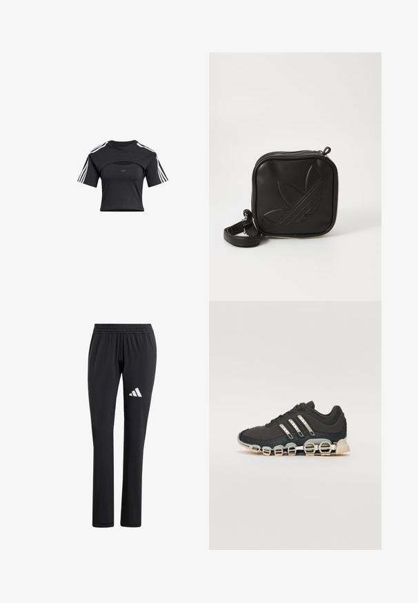 Black cropped t-shirt with a round neck, short sleeves, cut-out detail, and white three-stripe accents on shoulders. Soft fabric.; Black athletic pants with an elastic waistband, straight leg design, smooth texture, and a white Adidas logo on the left thigh.; Black athletic shoe with a textured upper, three silver stripes, and a distinctive cushioning sole featuring multiple integrated sections.; Black square crossbody bag made of textured synthetic material. Features an embossed logo design and adjustable strap. Zipper closure.